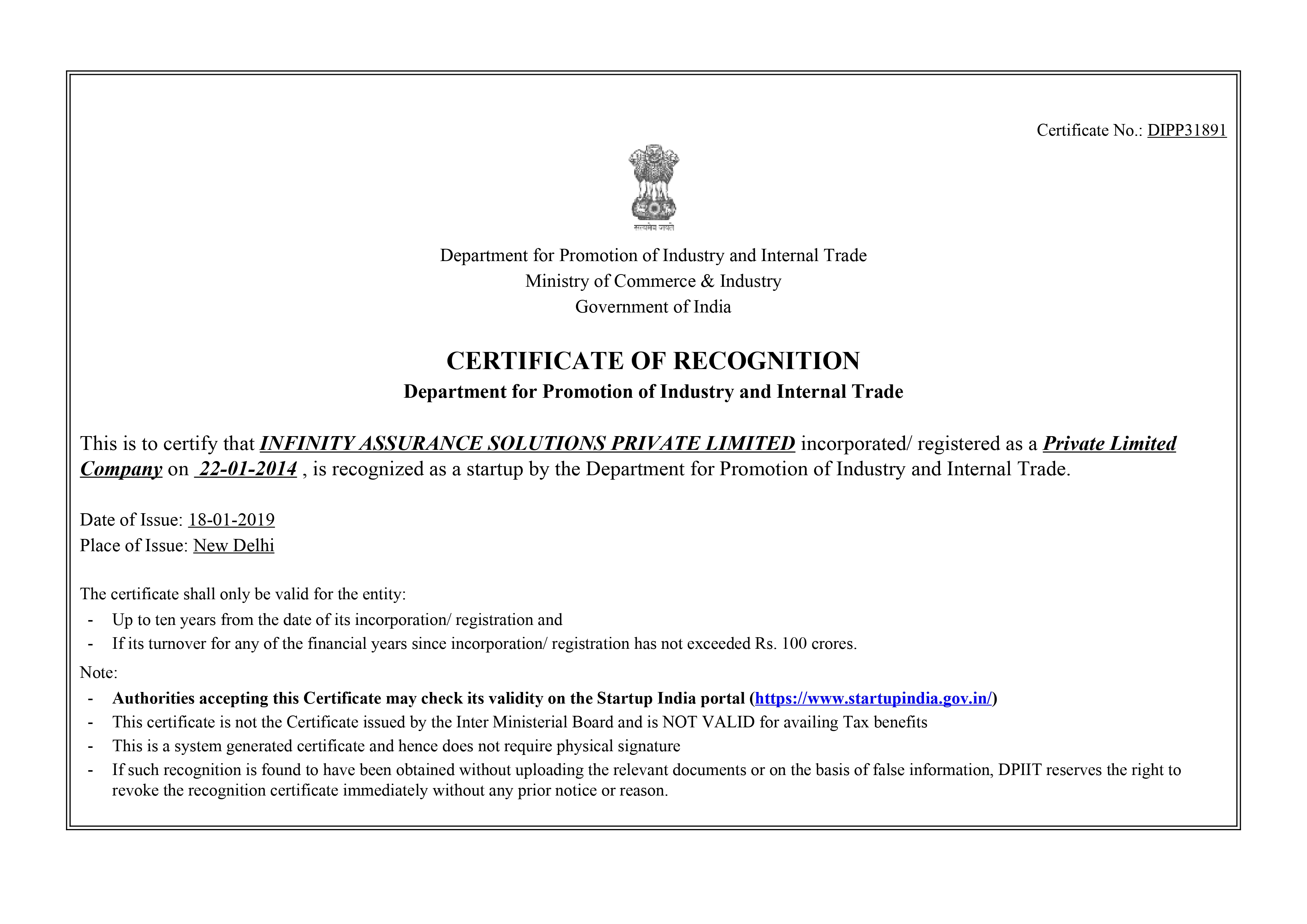 Certificate of Recognition